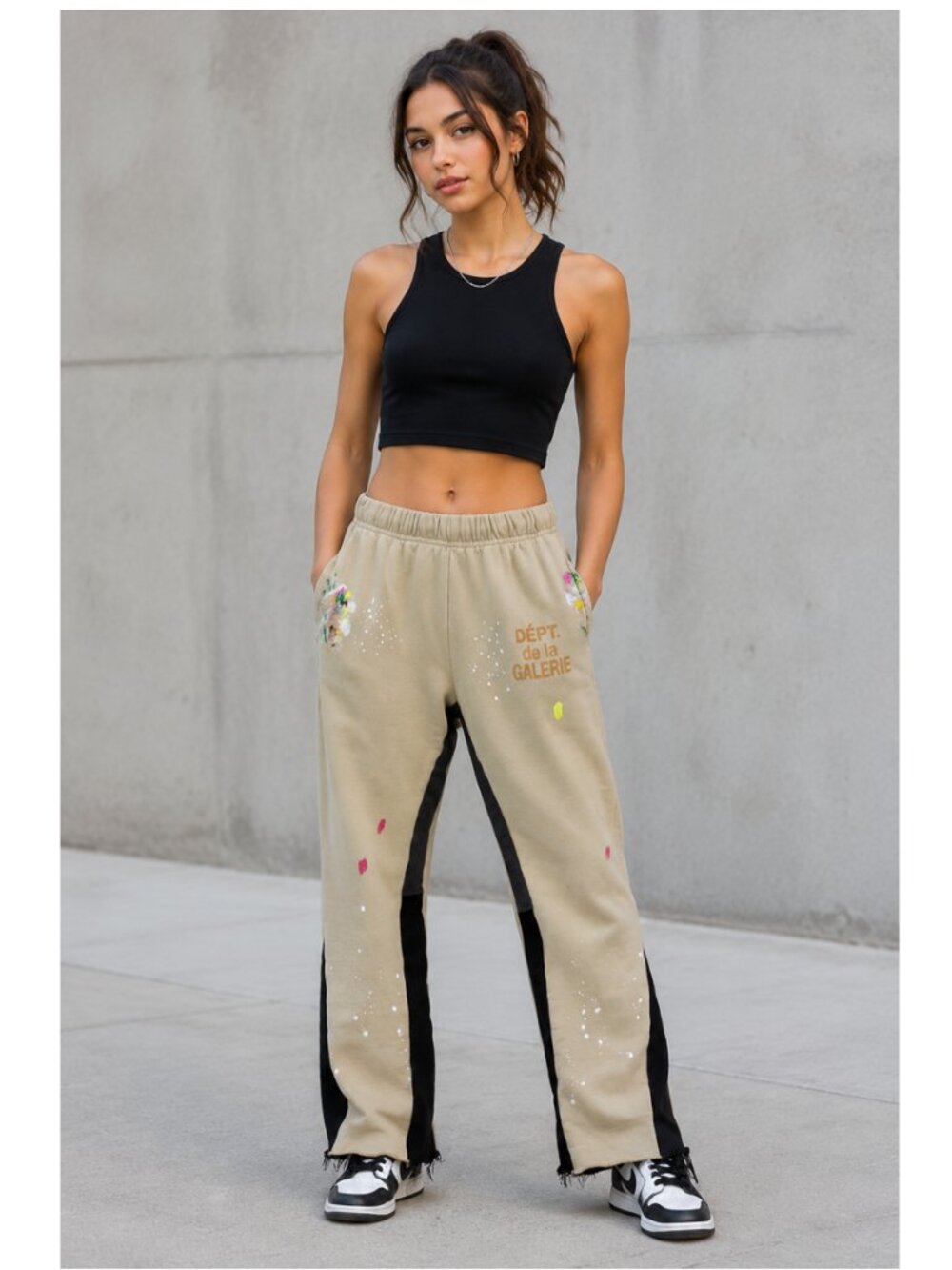 Gallery Dept Flare Pants Small Tan Paint Splatter Raw Hem Streetwear Sweatpants